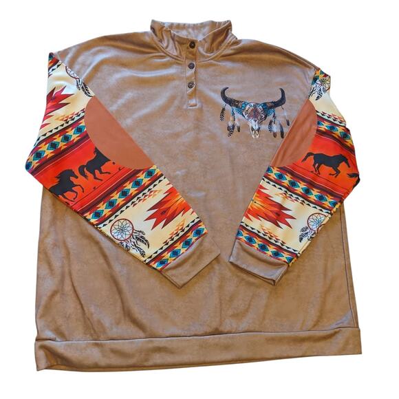 Western Pullover Shirt Sweatshirt Men 3XL Long Sleeve Aztec Skull Southwest Boho - Picture 1 of 15
